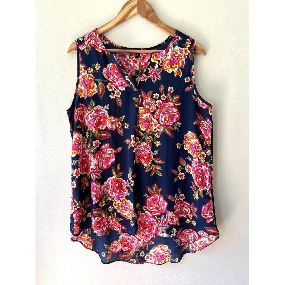 Sami & Jo Sz L Blue Pink Pullover V Neck Floral Flare Shirt Tank Top Blouse